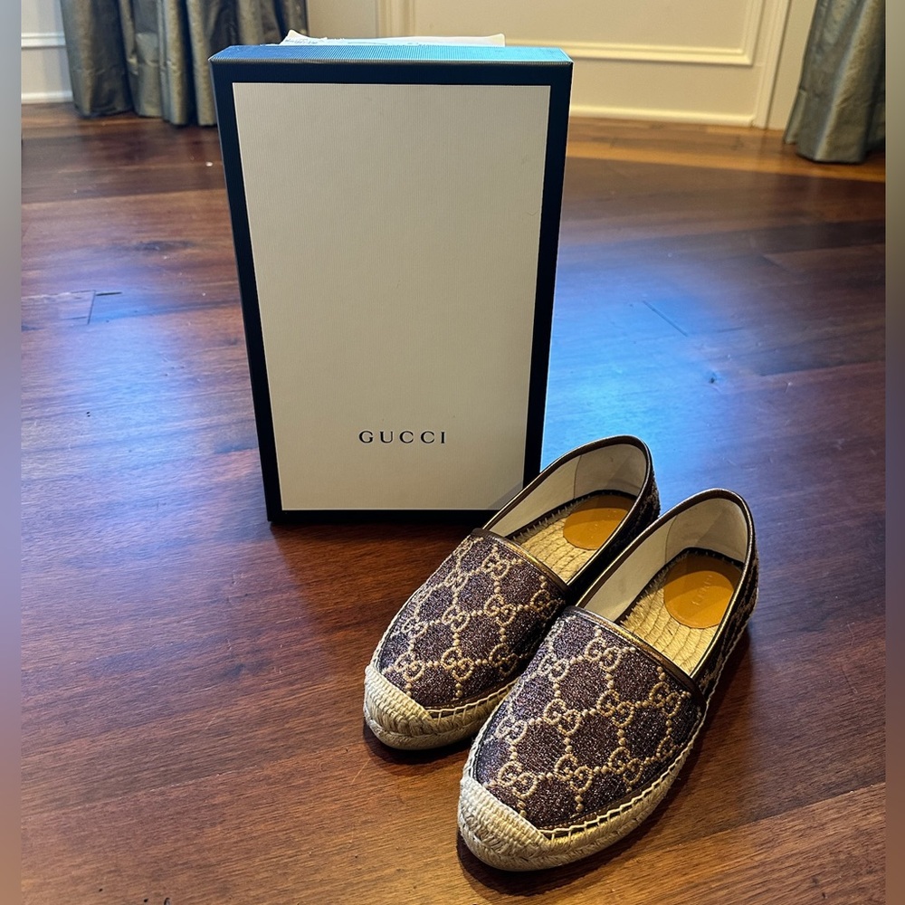 Gucci Women's Espadrilles Heritage GG Lame Brown-Beige Color Size 37+